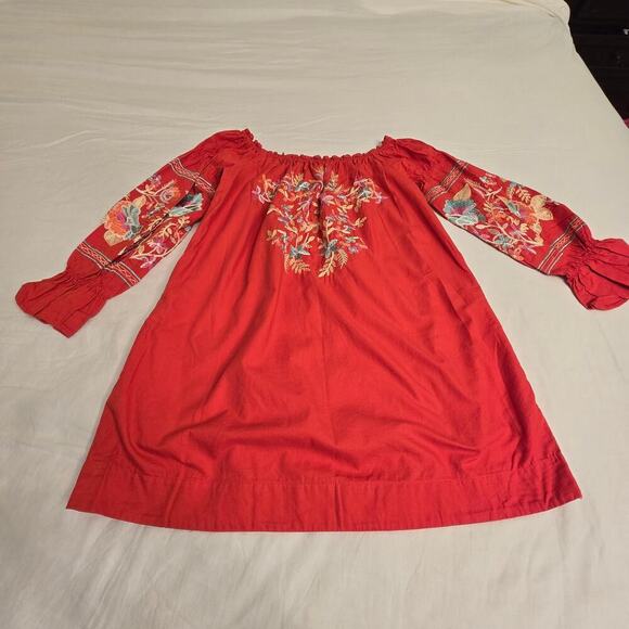 Free People Off Shoulder Embroidered Boho Dress S Red Floral Festival Gypsy Chic - Picture 7 of 12